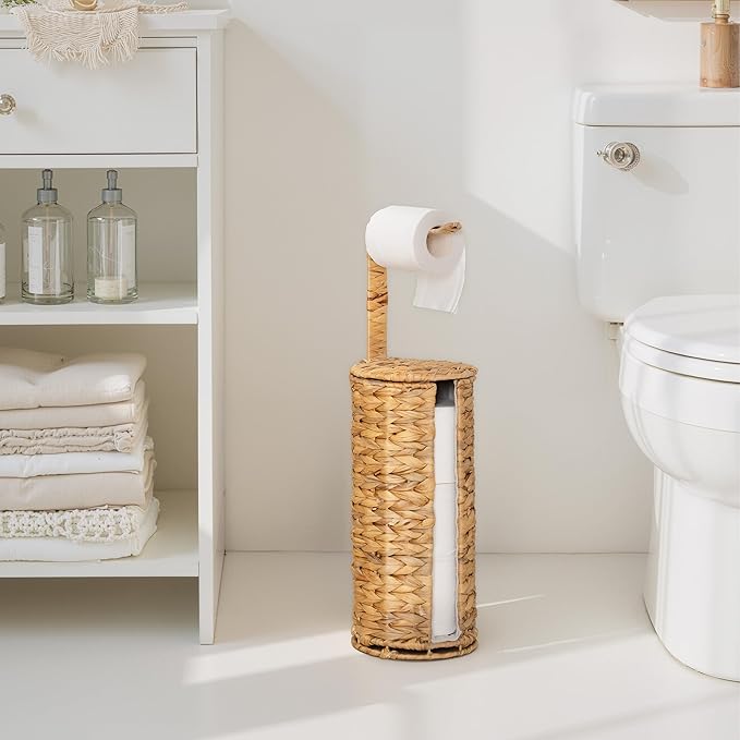StorageWorks Wicker Water Hyacinth Freestanding Toilet Paper Holder Stand with Storage, Farmhouse Covered Toilet Paper Stand for 4 Rolls with Cloth Lining, Tissue Holder for Bathroom Decor with Shelf