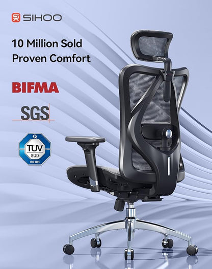SIHOO M57 Ergonomic Mesh Office Chair, High Back Home Desk Chair with 3D Armrests, Lumbar Support and Adjustable Headrest, Comfortable Computer Chair, Big & Tall Office Chair Hold 330 LBS-Grey