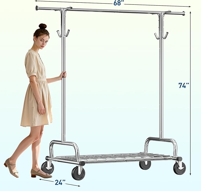 Raybee Heavy Duty Clothes Rack, 75''W Clothing Rack with 4 Hooks & Sturdy Wheels, 450 LBS Capacity, Rolling Garment Rack Holds 150 Clothes, for Bedroom/Laundry/Commercial Use, Silver