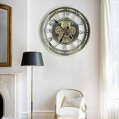 Real Moving Gears Wall Clock Large Modern Metal Clocks for Living Room Decor, Industrial Steampunk Unique Vintage Rustic Decorative Clock for Home Farmhouse Office, 21 Inch,Bronze Gold Arabic