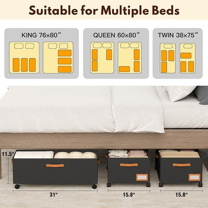 Under Bed Storage with Wheels, 12" Height Under Bed Storage Extra Deep Under Bed Storage Containers, Perfect for 14'' Bed Frame, No Assemble Metal Rolling Underbed Storage for Clothes Shoes Blankets