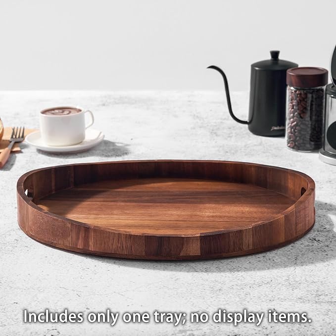 Acacia Wood Serving Tray with Handles - Round Decorative Ottoman Tray for Coffee Table, Breakfast in Bed, Living Room, Kitchen Counter, Candle Display, Tea Party, Lunch, Dinner, Bathroom & Home Decor