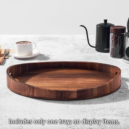 Acacia Wood Serving Tray with Handles - Round Decorative Ottoman Tray for Coffee Table, Breakfast in Bed, Living Room, Kitchen Counter, Candle Display, Tea Party, Lunch, Dinner, Bathroom & Home Decor