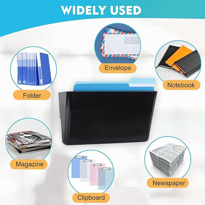 EASEPRES 4 Pack Black Single Pocket Hanging File Organizer, Plastic Wall Mount Paper Mails Magazines Holder, Mounted Folder Bins for Office, School and Home, 12.99x4.13x7.48 inches