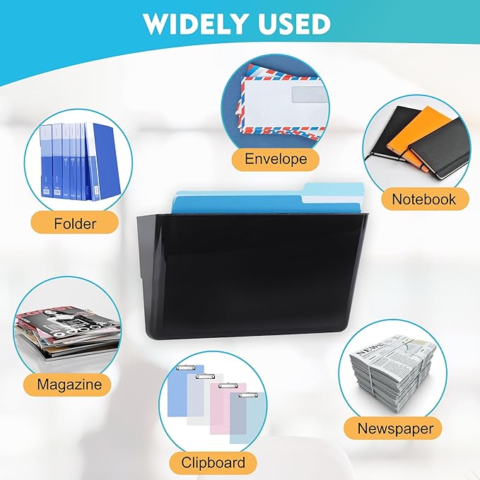 EASEPRES 6 Pack Black Plastic Single Pocket Hanging File Organizer, Wall Mount Paper Mails Magazines Holder, Mounted Folder Bins for Office School and Home, 12.99x4.13x7.48 inches