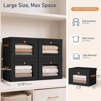 DIMJ Storage Bins with Lids - 4 Pack Large Fabric Closet Organizer with Window & Handles, Collapsible Decorative Storage Boxes for Shelves Under Bed, Books Clothes Blankets Sweaters Organization