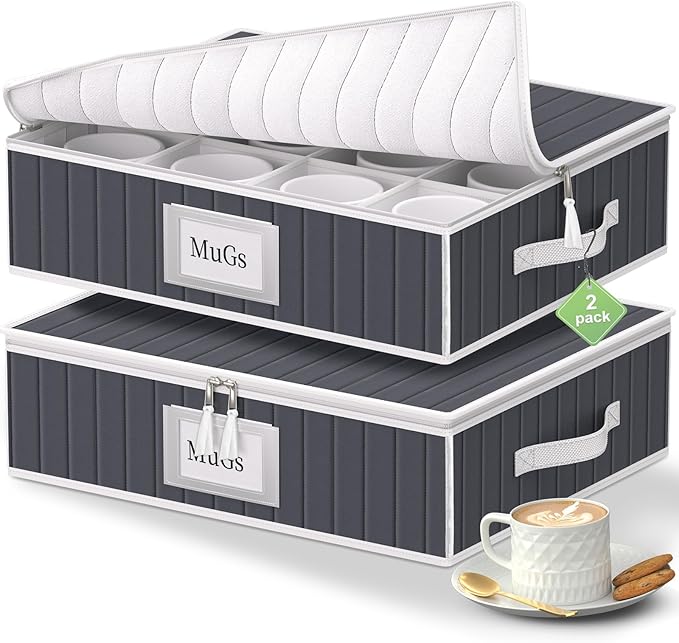 Mug and Cup Storage Box with Dividers - 2 Pack China Storage Bin Containers Holds 24 Glassware, Stackable Coffee Mug Organizer Bin and Tea Cup with 2 Metal Zipper,Label and Handles (Grey)