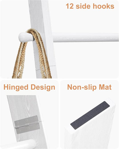 TEAKMAMA 6-Tier Blanket Ladder with Hanging Knobs,5.5 Ft Wall Leaning Blanket Ladders for Living Room Bedroom,Rustic Decorative Storage for Quilts,Throws,Easy to Assemble,White