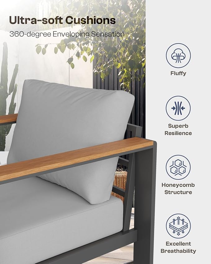 Aluminum Outdoor Patio Furniture Armchair, All-Weather Outdoor Patio Sofa with Washable Thick Cushion, Patio Sofa Couch Set of 2 for Porch, Balcony, Deck, Yard, Gray