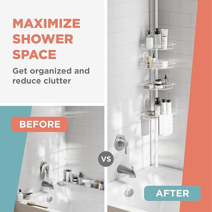 Zenna Home Tension Pole Shower Caddy Corner Organizer, Adjustable Standing Shower Caddy with 4 Baskets and Built in Towel Bar, Rust Resistant Bathroom Tension Rod Organizer, 60 to 97 Inch, White
