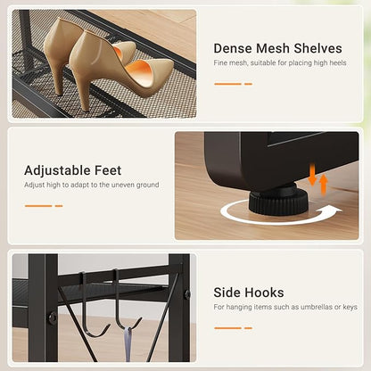 ELYKEN Shoe Rack, 2-Tier Expandable Shoe Organizer for Entryway, Metal Black Shoe Shelf with 4 Hooks, Ajustable Shoe Stand Holder for Closet, Garage, Door Entrance