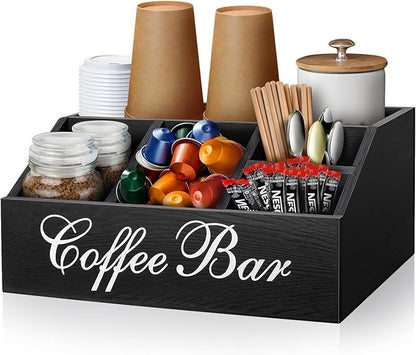 Coffee Station Organizer Pods Holder for Counter, Farmhouse Wood Coffee Bar Accessories and Tea Condiment Basket Storage Organizer Decor
