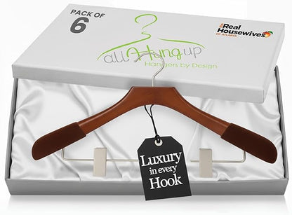 Wooden Hangers with Clips for Women, Solid Wood Skirt & Suit Hangers, Heavy-Duty Adjustable Non-Slip Design with Velvet Grip, High Gloss Brown with Brown Velvet, 6 pcs