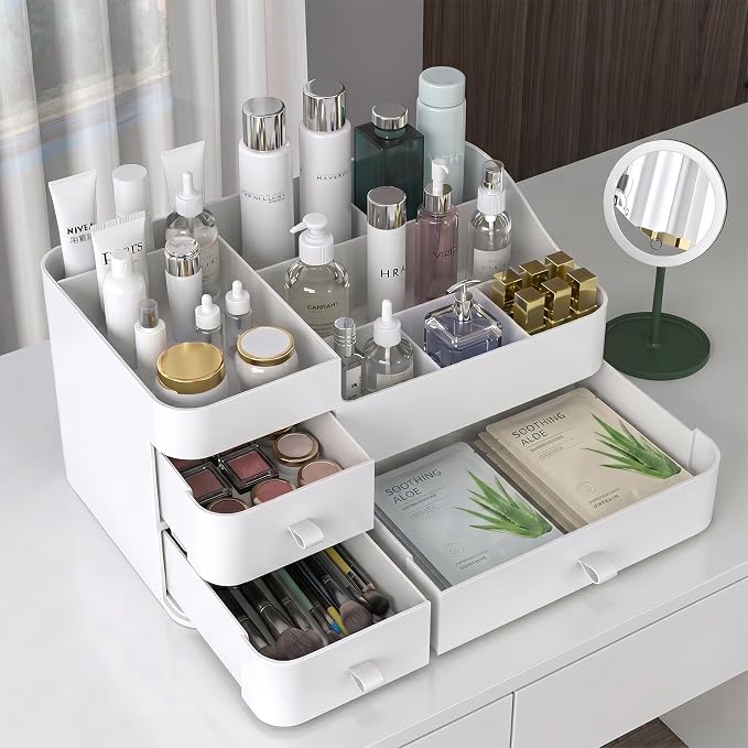 Makeup Organizer with Drawers, Bathroom Counter Organizer, Plastic Cosmetic Display Case, Large Skincare Storage for Vanity Countertop, Ideal for Bedroom Dresser top and Desktop