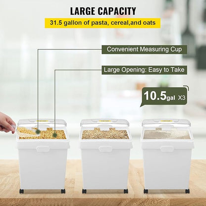 VEVOR Ingredient Bin, 10.5 Gallons Capacity Ingredient Storage Bin, PP Material Flour Bins On Wheels, White Shelf Ingredient Bin with Scoop and Sliding Lid, Commercial Storage Bins 3 Pcs/Set