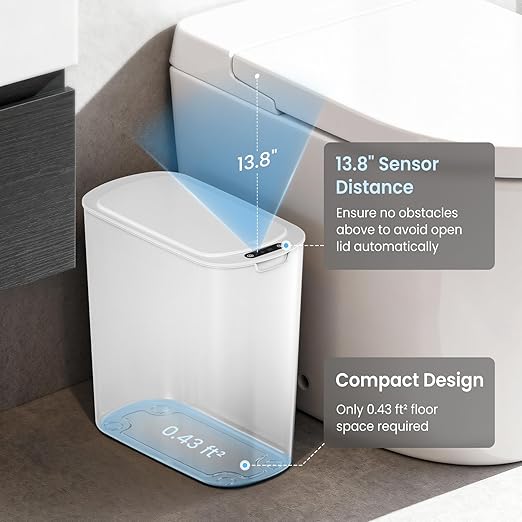 Cesun Automatic Motion Sensor Bathroom Trash Can with Lid, 2.6 Gallon Touchless Trash Bin, Smart Plastic Slim Garbage Can Small White Wastebasket for Toilet, Office, rv, Bedroom, Living Room