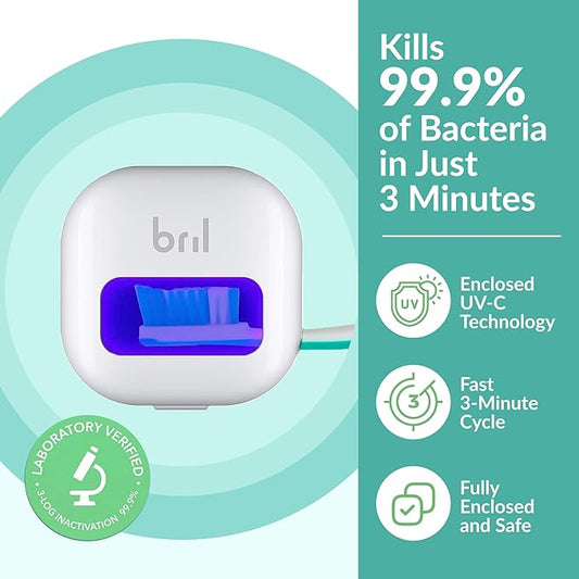 Bril UV-C Toothbrush Sanitizer and Holder – Wall Mounted, Rechargeable, 30-Day Battery, Magnetic Mount, Fits Electric and Manual Brushes, Portable Travel Case, Auto-Shutoff – Multipack