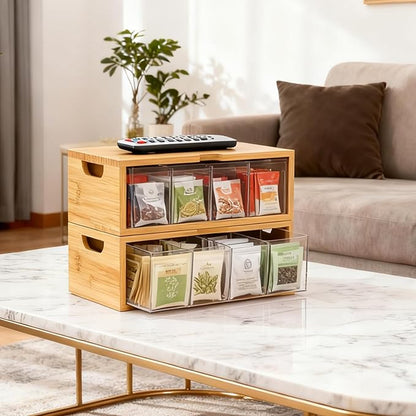 Stackable Bamboo Tea Box Organizer (Set of 2) - Large Capacity Tea Bag Storage Holder for Pantry & Cabinet - Multipurpose Tea Chest - Sustainable Kitchen Drawer & Office Breakroom Decor