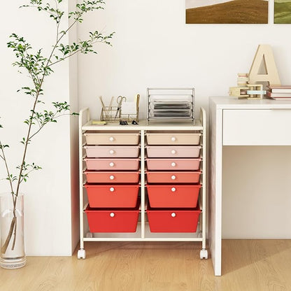 GOFLAME 12-Drawer Rolling Storage Cart, Multipurpose Organizer Cart with 2 Sizes Plastic Drawers, Mobile Utility Cart with Lockable Casters for School, Home Office, Beauty Salon, Gradient Pink