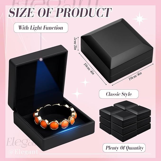 Yinkin 12 Pcs Black Velvet Jewelry Boxes LED Light Display Ring Necklace Bracelet Chain Gift Box Bulk Wedding Proposal Anniversary(Bracelet,Square)