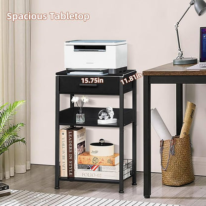 Lerliuo Pure Black Printer Table with Fabric Drawer,3 Tier Industrial Wood Printer Stand with Storage Shelf,Modern Tall End Table,Nightstand,Bed Side Tables for Scanner Fax Home Office Small Spaces