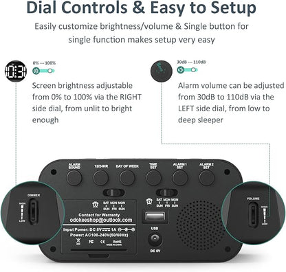 Digital Dual Alarm Clock for Bedroom, Easy to Set, 0-100% Dimmer, USB Charger, 5 Sounds Adjustable Volume, Weekday/Weekend Mode, Snooze, 12/24Hr, Battery Backup, Compact Clock for Bedside