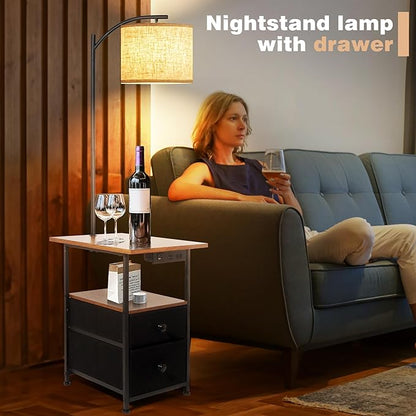 PESRAE Floor Lamp with Table & 2 Drawers, End Table with 3 Color Temperature Reading Light, Side Table Lamp with USB & Type C & AC Charging Port for Living Room, Bedroom