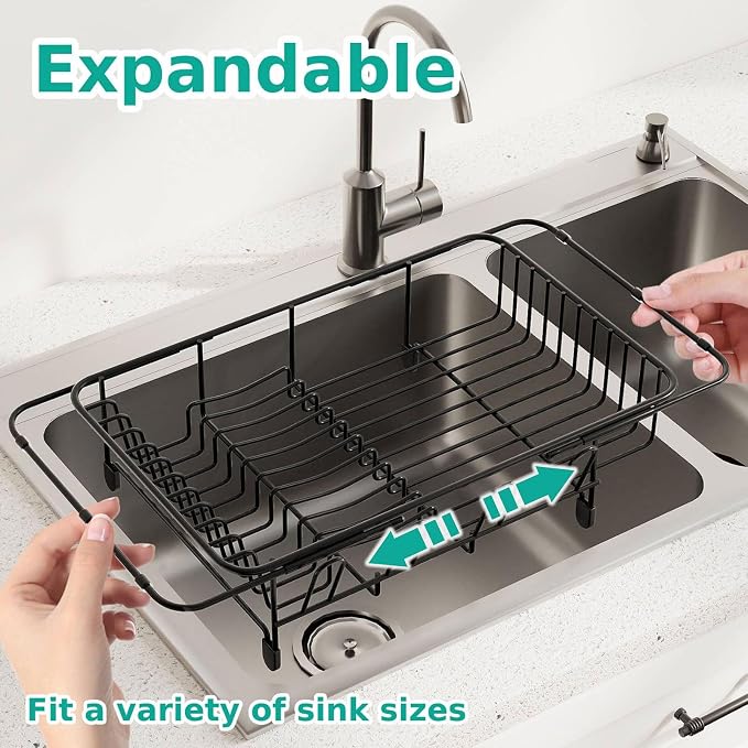 AIDERLY Dish Drying Rack in Sink Expandable Stainless Steel Kitchen Dish Drainer with 4 Cup Holders, Black