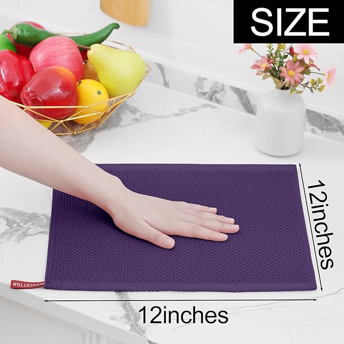 Homaxy 100% Cotton Waffle Weave Kitchen Dish Cloths, Ultra Soft Absorbent Quick Drying Dish Towels, 12 x 12 Inches, 18-Pack, Eggplant
