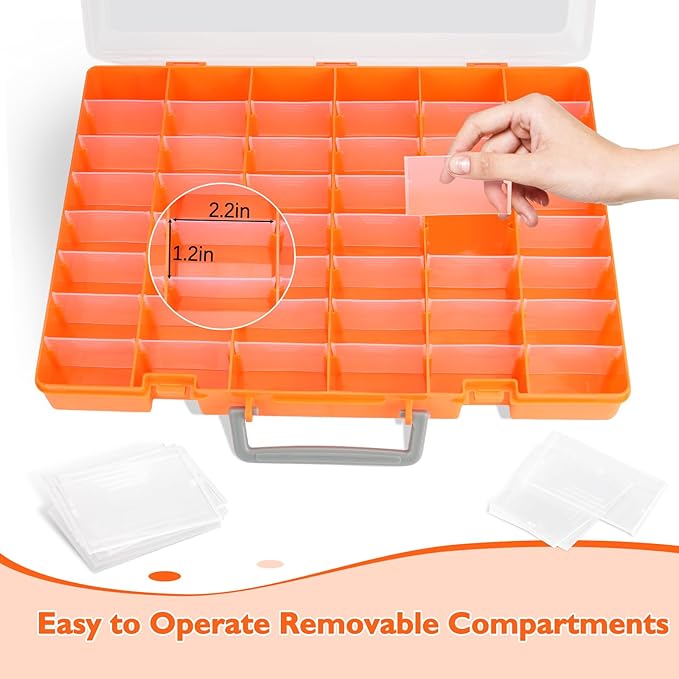 Bluedale 48 Grids Large Plastic Organizer Box with Adjustable Dividers, Beads Storage Containers Compartment Tackle Box Case for Crafts Hobby Small Parts Fishing Seeds Jewelry (Orange)