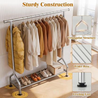 EAGMAK Sturdy Clothing Racks with Shelf, Metal Clothes Rack with Leveling Feet for Hanging Clothes, Freestanding Garment Coat Rack for Bedroom, Apartment & Small Spaces, Silver