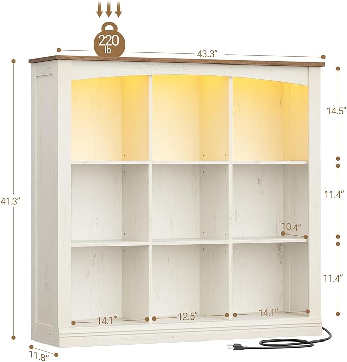 Cube Bookshelf, 9 Cube Storage Organizer, 3 Tier Wood Cubby Bookshelf with Led Lights and Charging, Low Bookcase for Bedroom, Office, Living Room, White BC33314X