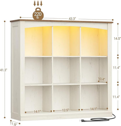 Cube Bookshelf, 9 Cube Storage Organizer, 3 Tier Wood Cubby Bookshelf with Led Lights and Charging, Low Bookcase for Bedroom, Office, Living Room, White BC33314X