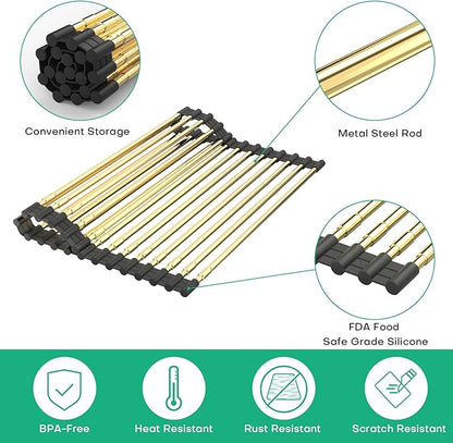Large Telescopic Draining Rack, Gold Roll Up Heat-Resistant Dish Drainer for Stainless Steel Sinks, Non-Slip Silicone Rolling Dish Drainer Roll Rack 18 tube12.59-21.25x12.79''