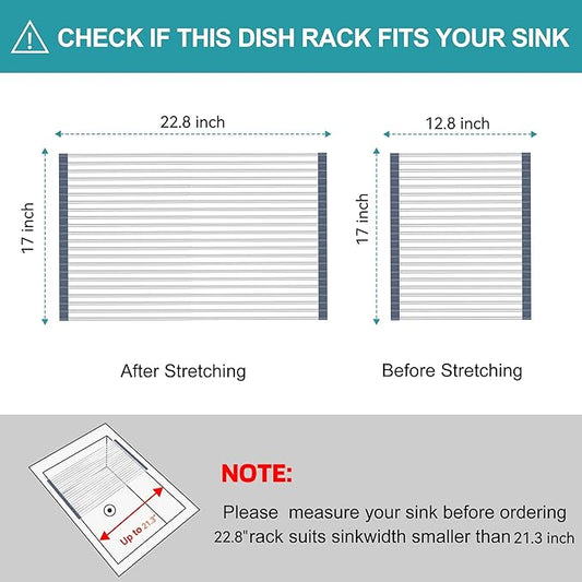 BBXTYLY Extra Large Expandable Roll Up Dish Drying Rack,Over The Sink Drying Rack Sink Cover Kitchen Sink Accessories Kitchen Rolling up Stainless Steel Drainer, Foldable,Rollable（Grey，25.1''-17.3''）