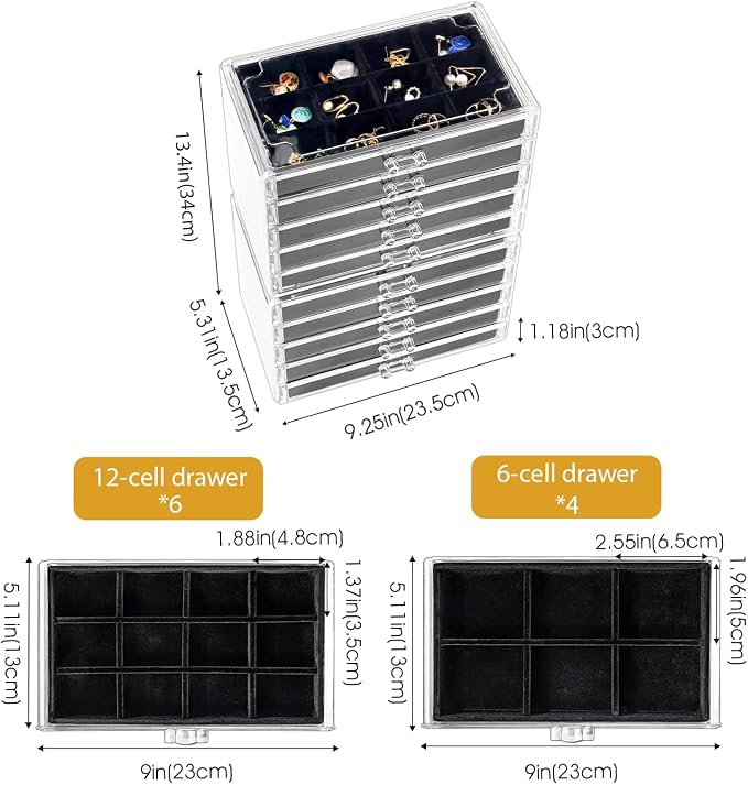 ProCase Earring Holder Organizer Jewelry Box with 10 Drawers, Acrylic Clear Earring Case with Adjustable Velvet Trays for Women - Black,10 Layers