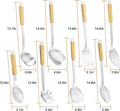 FJNATINH Cooking Utensils - Spatula and ladle Set with Wood Handle, 8 Pieces Wok Utensils Tools - Wok Accessories Cookware Set