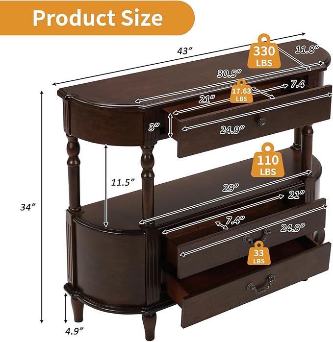 43" Retro Curved Console Table with Drawers, Solid Wood Half Moon Console Table Entry Sofa Table with Storage with Solid Pine Roman Legs Open Shelf for Small Spaces Living Room,Espresso