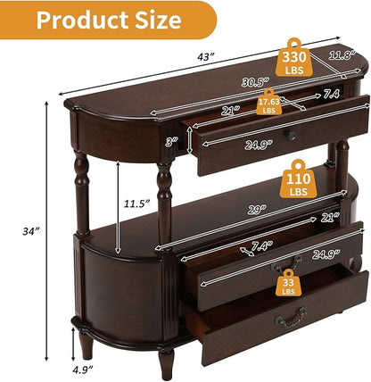 43" Retro Curved Console Table with Drawers, Solid Wood Half Moon Console Table Entry Sofa Table with Storage with Solid Pine Roman Legs Open Shelf for Small Spaces Living Room,Espresso