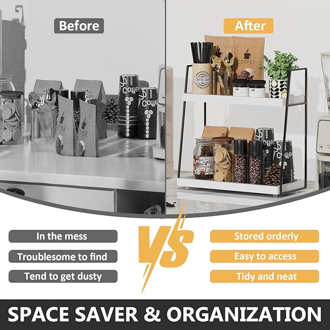 Countertop Coffee Station Organizer, 2 Tier Large Coffee Bar Organizer for Accessories Storage, Stable Metal Wooden Shelf Syrups Holder Condiments Rack