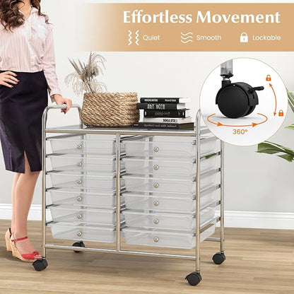 GOFLAME 12-Drawer Rolling Storage Cart, Multifunctional Art Craft Organizer Cart, Mobile Utility Storage Cart with Removable Drawers & Lockable Wheels, Craft Cart for Home Office School, Clear