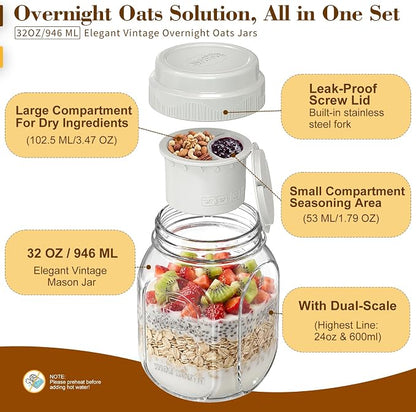 Syntic Glass Overnight Oats Containers with Lids & Silicone Divider, Airtight Reusable 32 oz Mason Jars for Meal Prep, Yogurt Parfait, Chia Pudding, Salad, Cereal, Dishwasher Safe