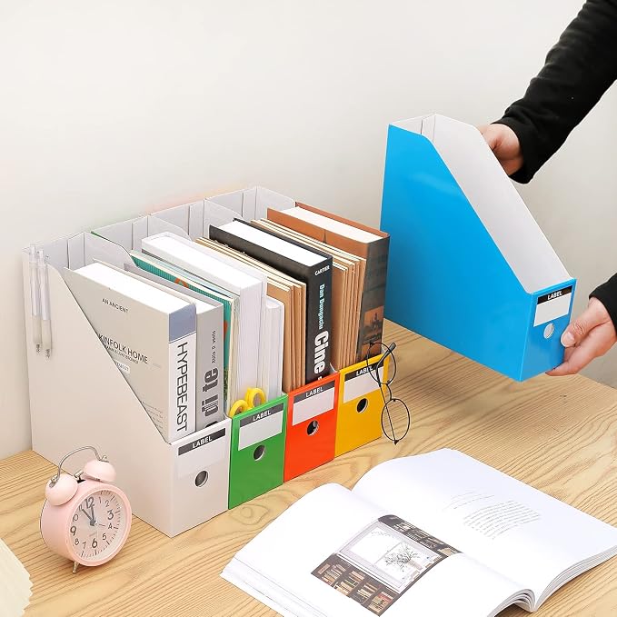 Foldable Desk File Holder Organizer Sturdy Cardboard Magazine Storage Box Document Rack with Blank Label Stickers for Home School Office (5, Multicolor)