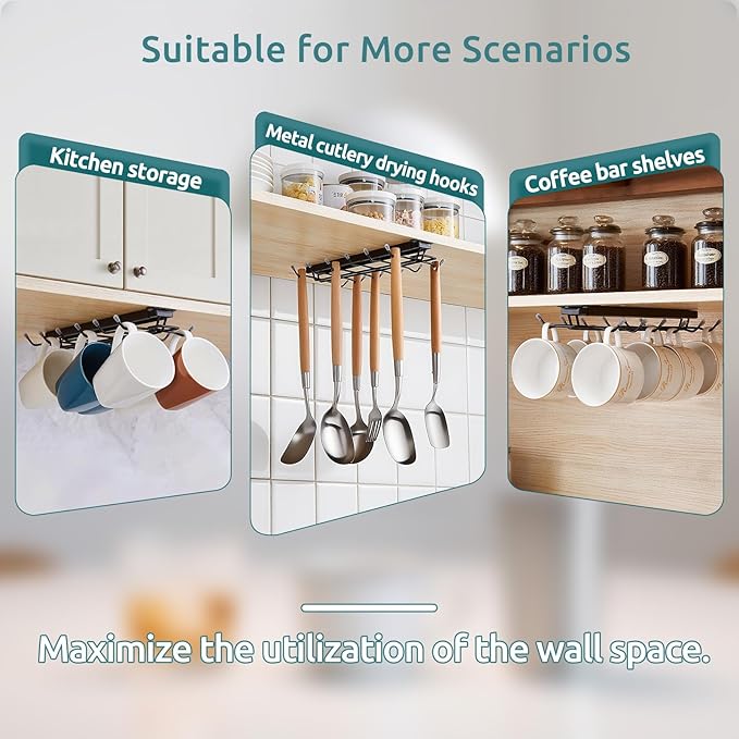 LiaMeE Sliding Mug Hooks Under Cabinet - Pull Out Coffee Cup Holder Rack with 12 Hooks, Metal Under Shelf Mug Organizer for Kitchen, Space Saving Hanging Storage (Black,2PCS)