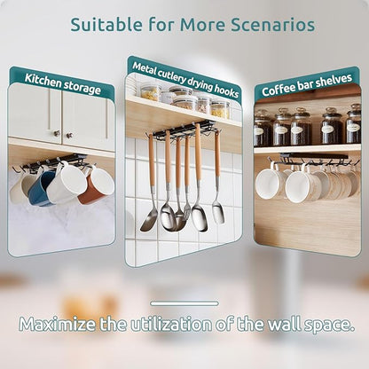 LiaMeE Sliding Mug Hooks Under Cabinet - Pull Out Coffee Cup Holder Rack with 12 Hooks, Metal Under Shelf Mug Organizer for Kitchen, Space Saving Hanging Storage (Black,2PCS)