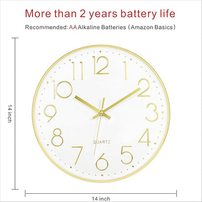 Foxtop 14 Inch Large Silent Non-Ticking Gold Wall Clock Battery Operated Round Quartz Modern Wall Clock Decorative for Living Room Bedroom Kitchen Home Office
