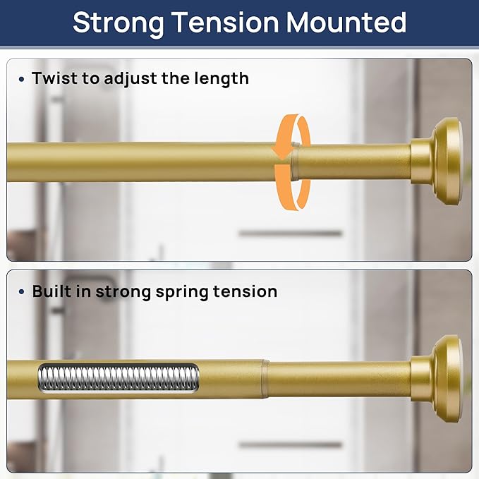 ENJOYBASICS Gold Shower Curtain Rod 30 to 76 Inches, Stainless Steel Adjustable Spring Tension Rods No Drill for Bathroom, Closet, Window, Room Divider, Never Rust, Non Slip
