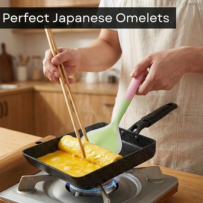 Tamagoyaki Pan - Japanese Egg Pan with Lid - Japanese Omelette Pan Rectangular - Rolled Omelet Nonstick Square Frying Pan - Tamago Cooking Pan Induction Compatible 7x6