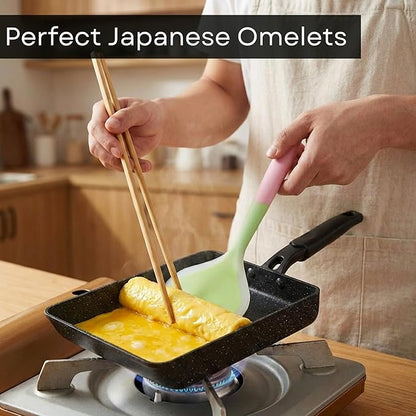 Tamagoyaki Pan - Japanese Egg Pan with Lid - Japanese Omelette Pan Rectangular - Rolled Omelet Nonstick Square Frying Pan - Tamago Cooking Pan Induction Compatible 7x6