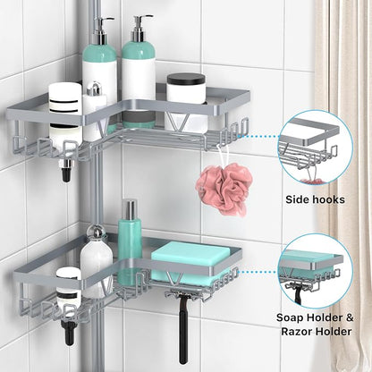 KEGII 4-Tier Corner Shower Caddy Tension Pole - Adjustable Shower Tension Rod Organizer, Floor to Ceiling Shower Caddy 25-114.2 inch, Shower Towel Rack Corner Waterproof, Light Gray